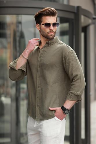Haki Basic %100 Pamuklu Uzun Kollu Erkek Gömlek E6761