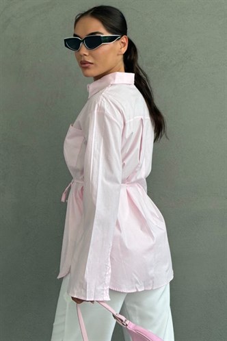 Pembe Belden Bağlamalı Oversize Cepli Gömlek MG2798