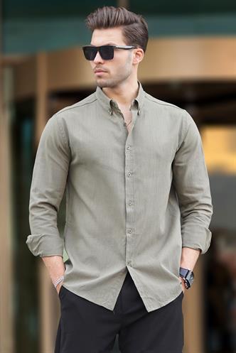 Haki Uzun Kollu Pamuklu Keten Görünümlü Erkek Gömlek 6743