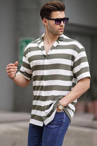 Haki Çizgili Kısa Kollu Erkek Gömlek 6730