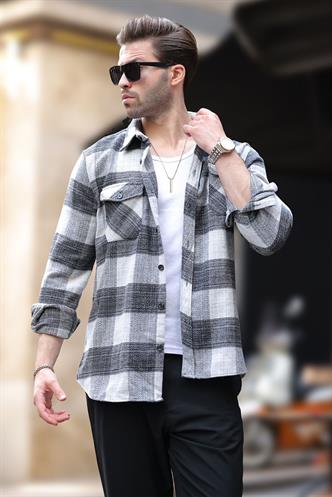 Gri Desenli Göğüs Cepli Erkek Polar Gömlek 6754