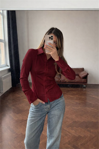 Bordo Vücuda Oturan Slim Fit Kadın Gömlek MG2659