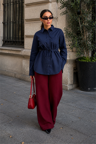 Lacivert  Belden Bağlamalı Oversize Cepli Gömlek MG2798