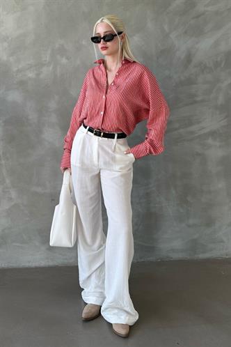 Kiremit Çizgili Oversize Kadın Gömlek Mg2327
