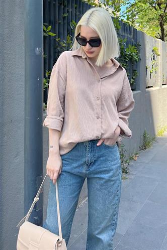 Bej Uzun Kollu Çizgili Oversize Gömlek MG2080