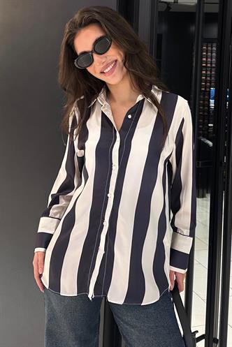 Lacivert Çizgili Oversize Kadın Gömlek MG1850