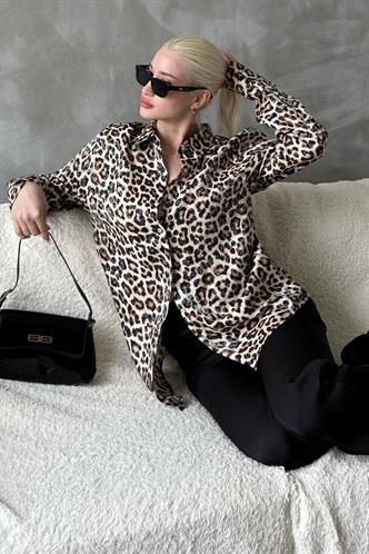 Bej Leopar Desen Kadın Gömlek Mg2296