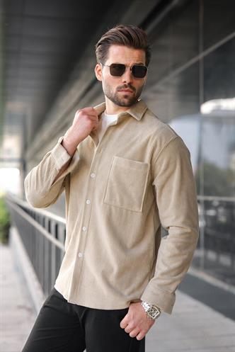 Bej Düğmeli Kadife Erkek Gömlek E6766