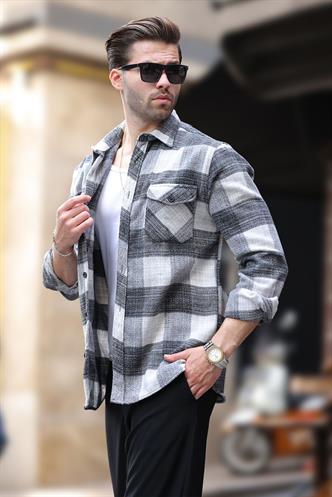 Gri Desenli Göğüs Cepli Erkek Polar Gömlek 6754