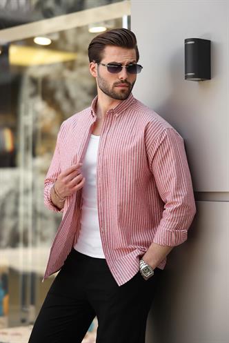 Bordo Çizgili Uzun Kollu Pamuklu Erkek Gömlek 6746