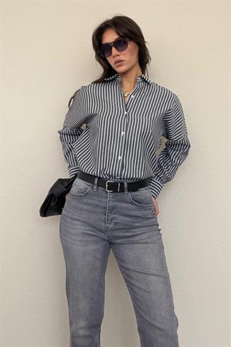 Siyah Çizgili Kadın Gömlek Mg2410
