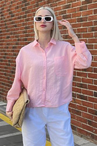 Pembe Çizgili Oversize Kadın Gömlek MG2093