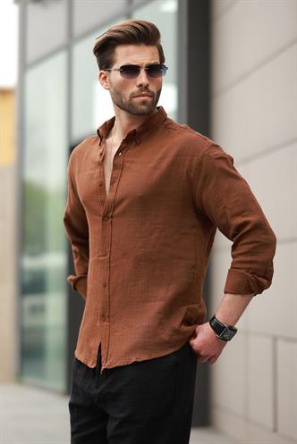 Kahverengi Basic %100 Pamuklu Uzun Kollu Erkek Gömlek E6761
