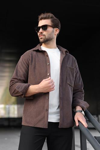 Kahverengi Düğmeli Kadife Erkek Gömlek E6766