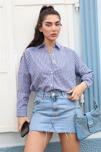 Lacivert Pötikareli Uzun Kollu Kadın Gömlek Mg2386