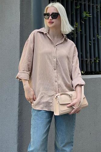 Bej Uzun Kollu Çizgili Oversize Gömlek MG2080