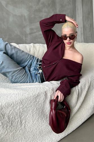Bordo Kırışık Desen Kadın Gömlek MG2313