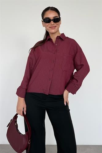 Bordo Çizgili Oversize Kadın Gömlek MG2093