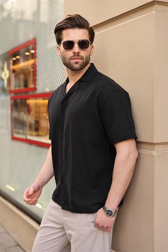 Siyah %100 Pamuklu Rahat Kesim Erkek Gömlek E6773