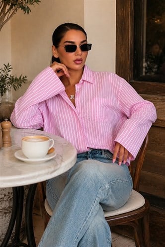 Pembe Çizgili Sendy Kumaş Kadın Gömlek MG2834