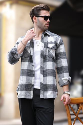 Gri Desenli Göğüs Cepli Erkek Polar Gömlek 6754