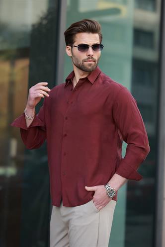 Bordo  Basic Uzun Kollu Erkek Gömlek E6762