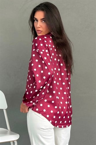 Bordo Puantiyeli Saten Kadın Gömlek MG2869
