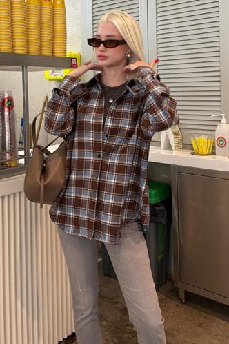 Bebe Mavisi Oversize Ekose Desenli Kadın Gömlek MG2589