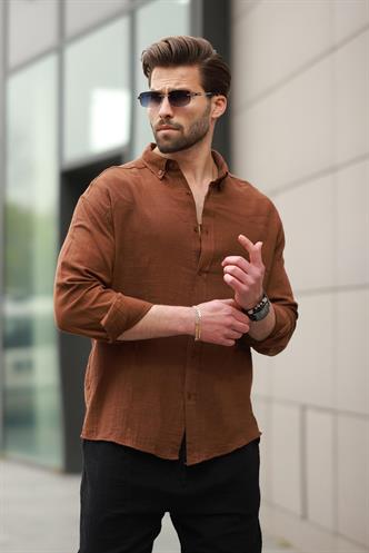 Kahverengi Basic %100 Pamuklu Uzun Kollu Erkek Gömlek E6761