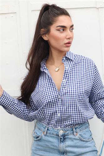 Lacivert Pötikareli Uzun Kollu Kadın Gömlek Mg2386