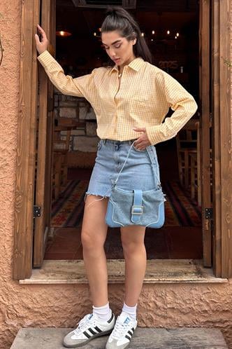 Sarı Pötikareli Uzun Kollu Kadın Gömlek Mg2386