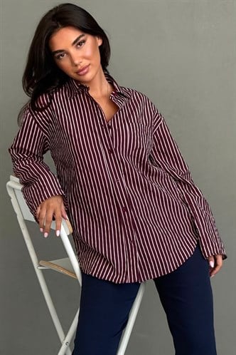 Bordo Çizgili Sendy Kumaş Kadın Gömlek MG2834