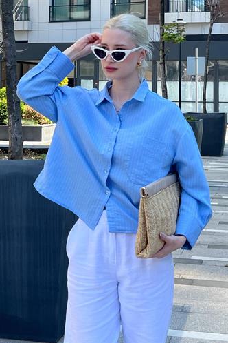 Mavi Çizgili Oversize Kadın Gömlek MG2093