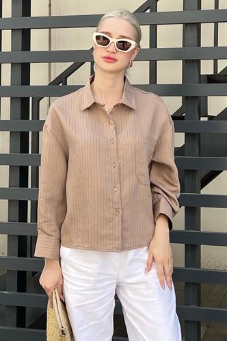 Camel Çizgili Oversize Kadın Gömlek MG2093