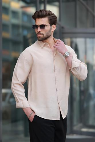 Bej Basic Uzun Kollu Erkek Gömlek E6762