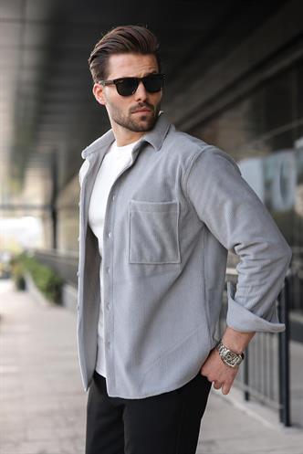 Gri Düğmeli Kadife Erkek Gömlek E6766