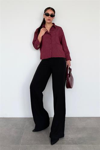 Bordo Çizgili Oversize Kadın Gömlek MG2093