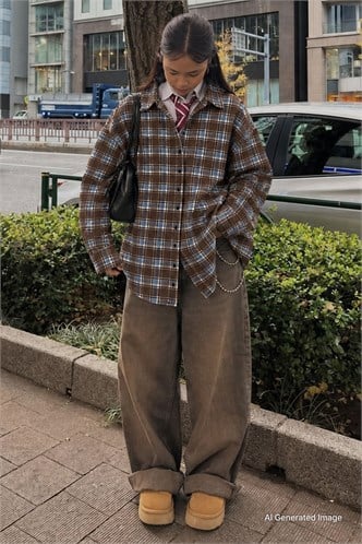Bebe Mavisi Oversize Ekose Desenli Kadın Gömlek MG2589