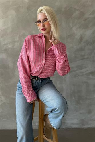 Pembe Çizgili Oversize Kadın Gömlek Mg2327