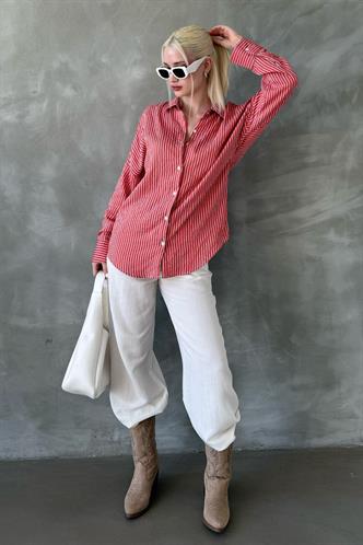 Kiremit Çizgili Oversize Kadın Gömlek Mg2327