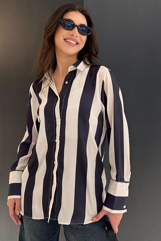 Lacivert Çizgili Oversize Kadın Gömlek MG1850