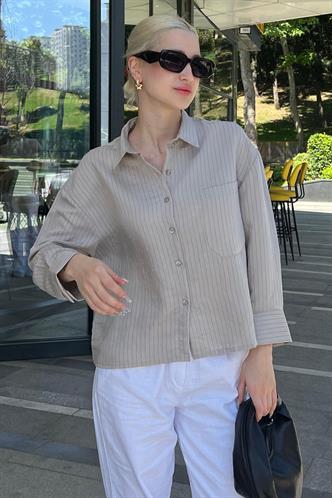 Gri Çizgili Oversize Kadın Gömlek MG2093