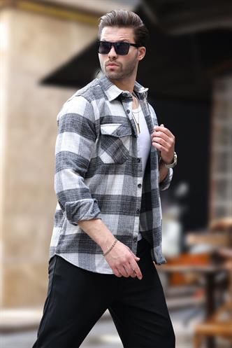 Gri Desenli Göğüs Cepli Erkek Polar Gömlek 6754