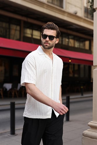 Beyaz Gofre Kumaş Erkek Gömlek E6772