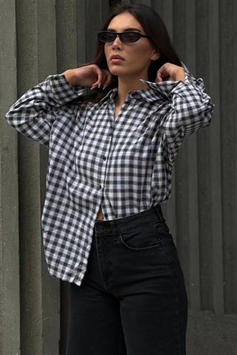Siyah Oversize Kareli Kadın Gömlek MG2822