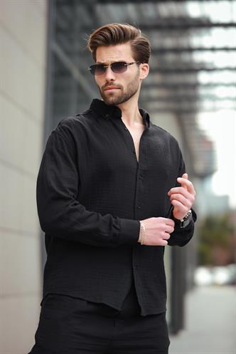 Siyah Basic %100 Pamuklu Uzun Kollu Erkek Gömlek E6761