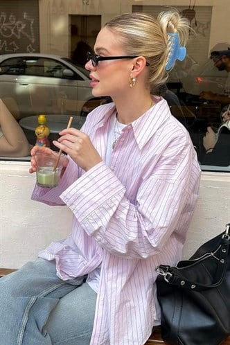 Pembe Çizgili Oversize Kadın Gömlek MG2732