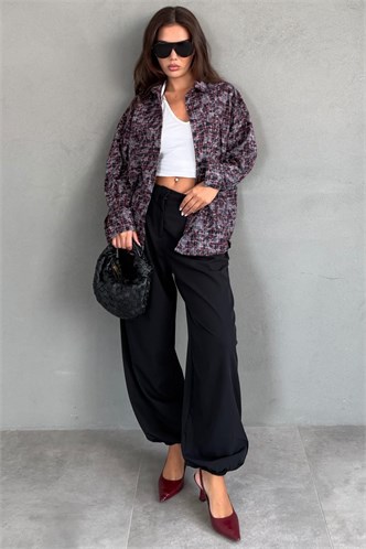 Bordo Ekose Desen Oversize Kadın Gömlek MG2899