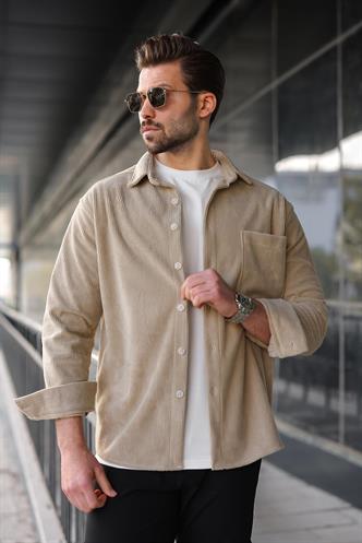 Bej Düğmeli Kadife Erkek Gömlek E6766