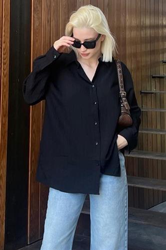 Siyah Uzun Kollu Çizgili Oversize Gömlek MG2080